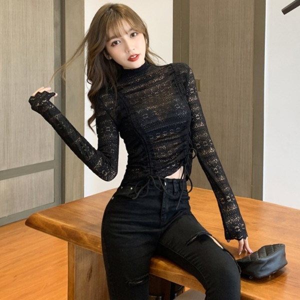 Bluză de damă din dantelă alb-negru cu cravate și guler polo