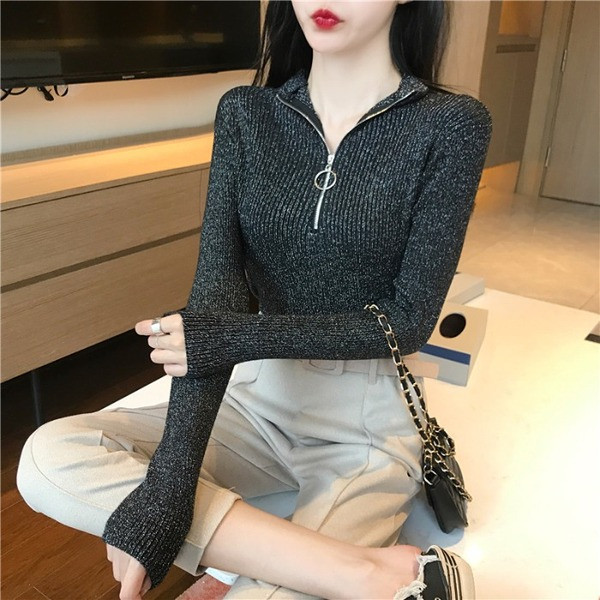 Bluza de dama moderna model Slim in trei culori cu fermoar si efect stralucitor