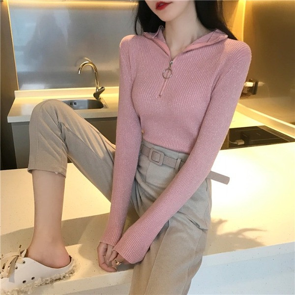 Bluza de dama moderna model Slim in trei culori cu fermoar si efect stralucitor