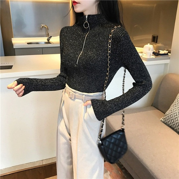 Bluza de dama moderna model Slim in trei culori cu fermoar si efect stralucitor