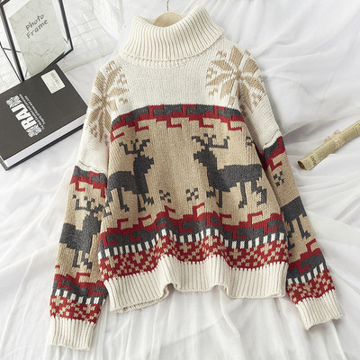 ХИТ Дамски коледен пуловер с висока поло яка широк модел в няколко разцветки  