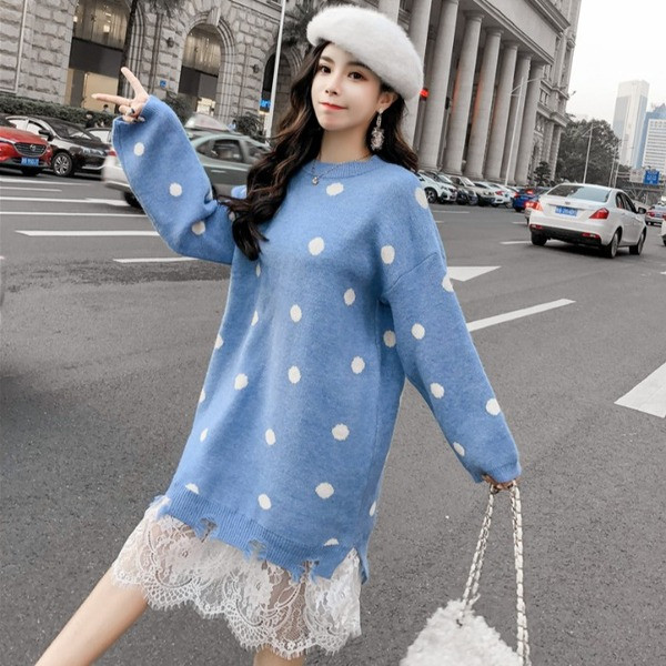 Rochie casual tricotata cu model drept albastru cu dantela