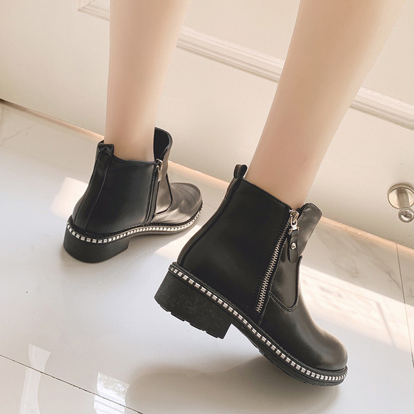 Cizme de dama din piele potrivite pentru iarna cu fermoar de culoare neagra