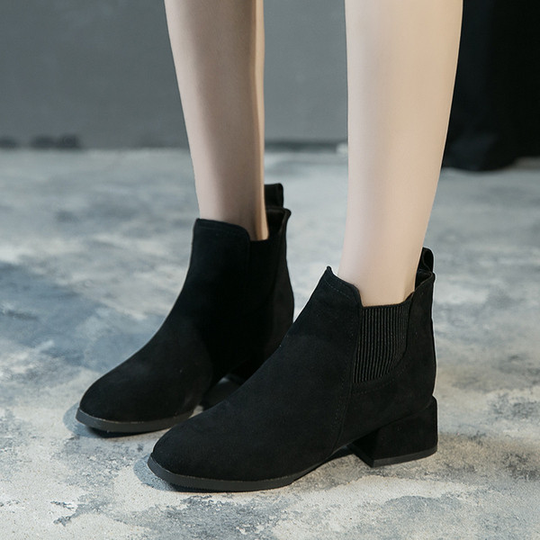 Cizme eseu-iarnă de damă stilate cu toc gros din piele de căprioară ecologică