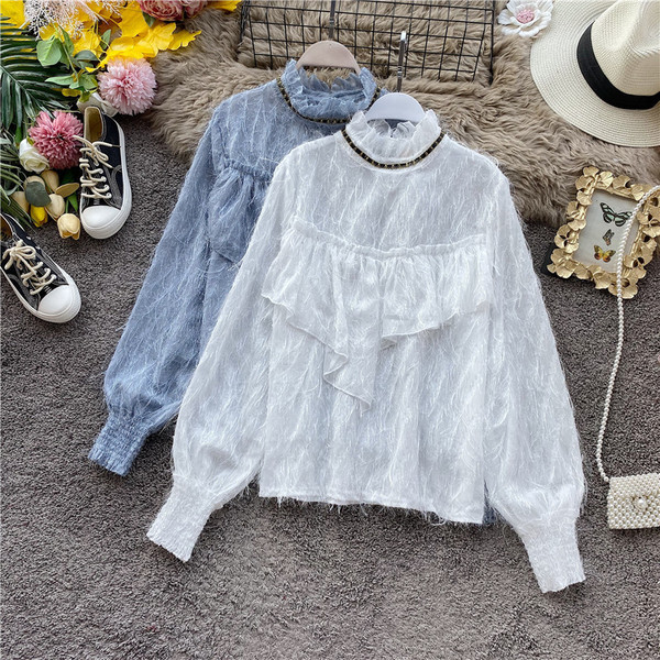 Cămașă modernă de șifon de damă cu guler înalt și mâneci lungi în patru culori