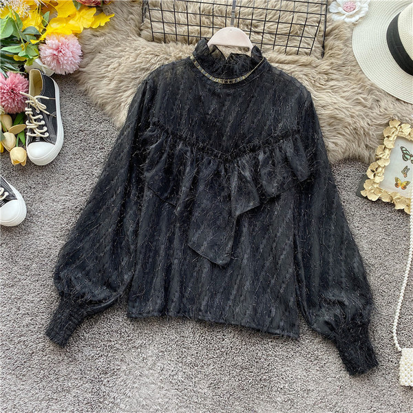 Cămașă modernă de șifon de damă cu guler înalt și mâneci lungi în patru culori