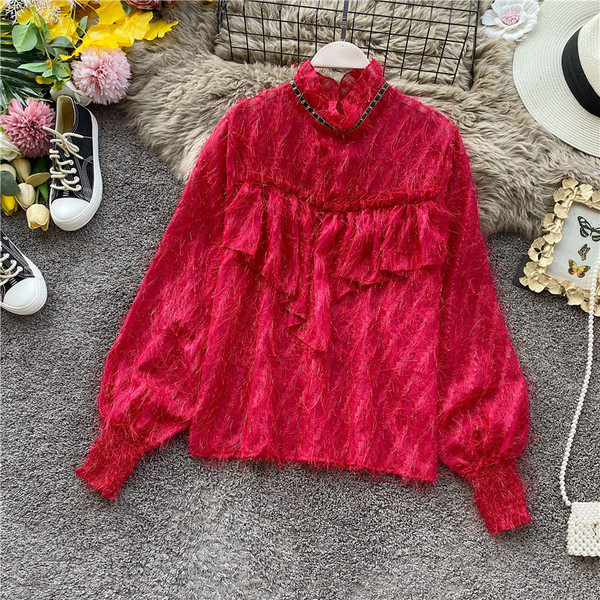 Cămașă modernă de șifon de damă cu guler înalt și mâneci lungi în patru culori