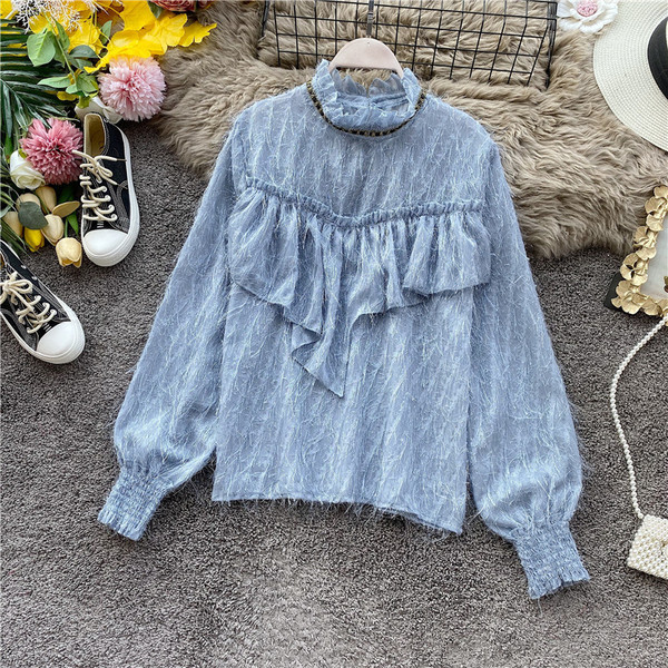 Cămașă modernă de șifon de damă cu guler înalt și mâneci lungi în patru culori