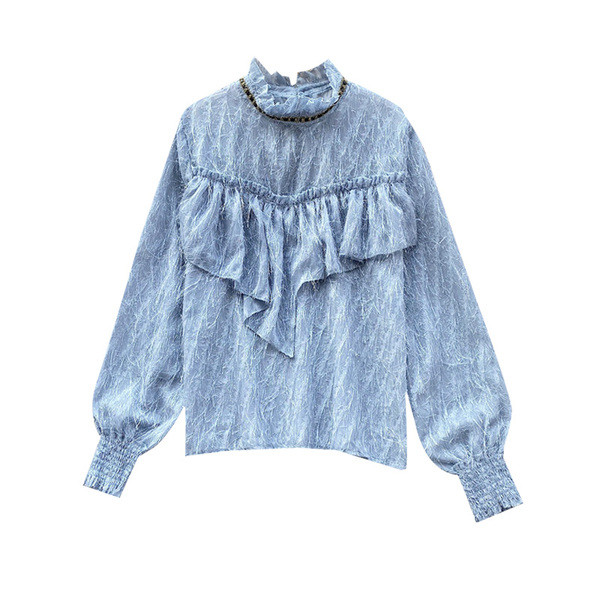 Cămașă modernă de șifon de damă cu guler înalt și mâneci lungi în patru culori