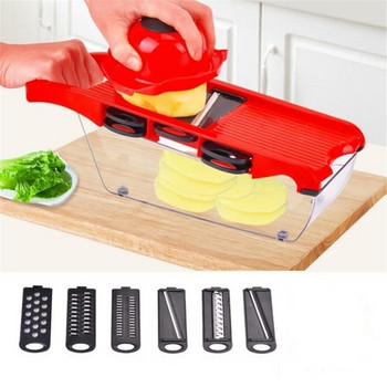 Кухненско ренде с шест различни приставки от неръждаема стомана, белачка за картофи и предпазител за ръце в червен цвят