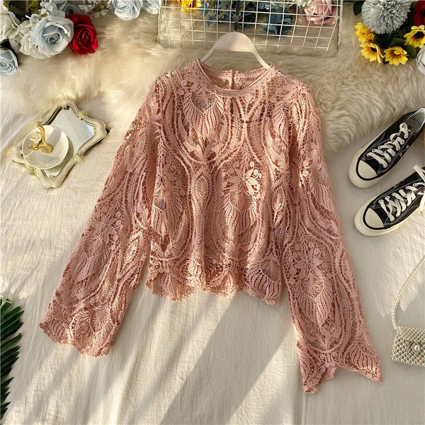 Cămașă retro damă din dantelă cu mâneci lungi lotus