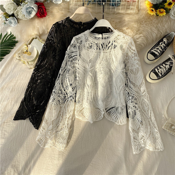 Cămașă retro damă din dantelă cu mâneci lungi lotus