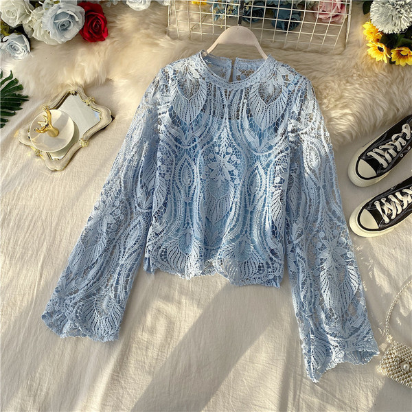 Cămașă retro damă din dantelă cu mâneci lungi lotus