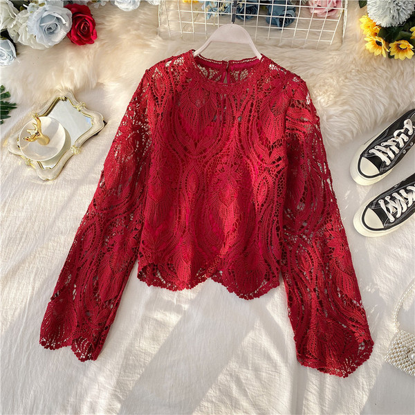 Cămașă retro damă din dantelă cu mâneci lungi lotus