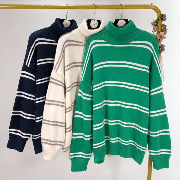 Pulover de damă în dungi toamnă-iarnă cu guler polo în verde, alb și albastru