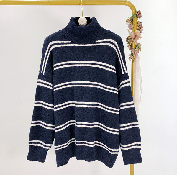 Pulover de damă în dungi toamnă-iarnă cu guler polo în verde, alb și albastru