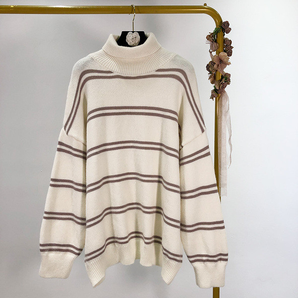 Pulover de damă în dungi toamnă-iarnă cu guler polo în verde, alb și albastru