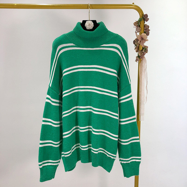 Pulover de damă în dungi toamnă-iarnă cu guler polo în verde, alb și albastru