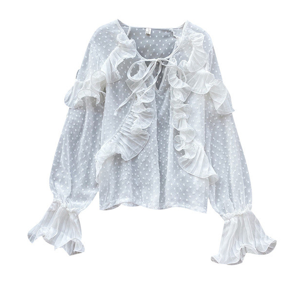 Cămașă modernă de damă cu cravate și bucle de șifon în alb și negru