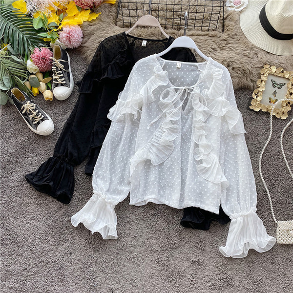 Cămașă modernă de damă cu cravate și bucle de șifon în alb și negru