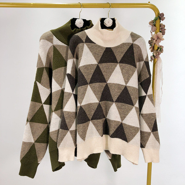 Pulover de iarnă cald cu guler polo în bej și verde