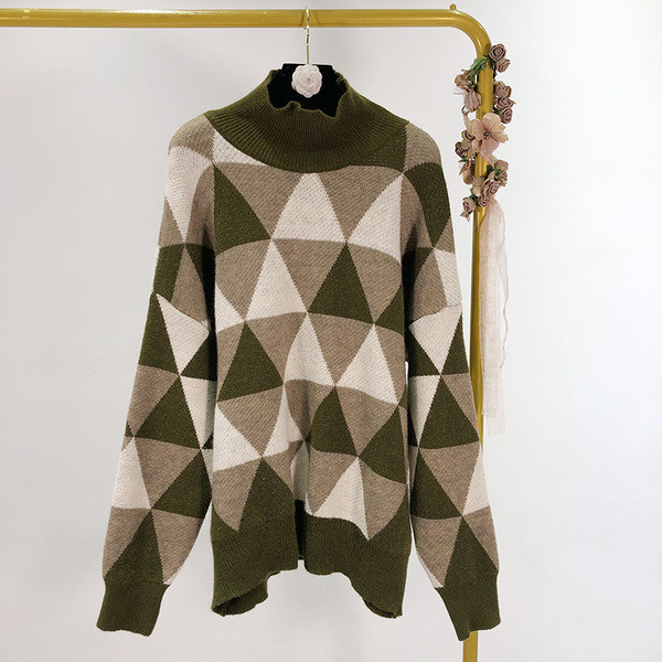 Pulover de iarnă cald cu guler polo în bej și verde