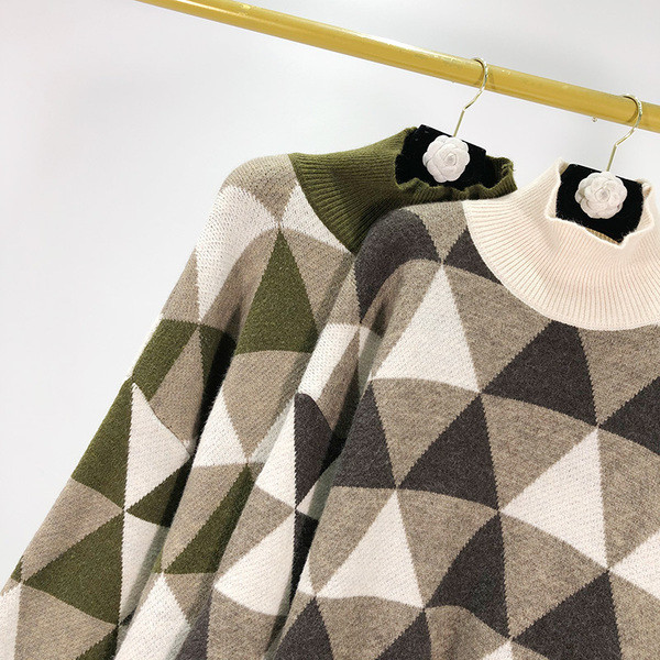 Pulover de iarnă cald cu guler polo în bej și verde