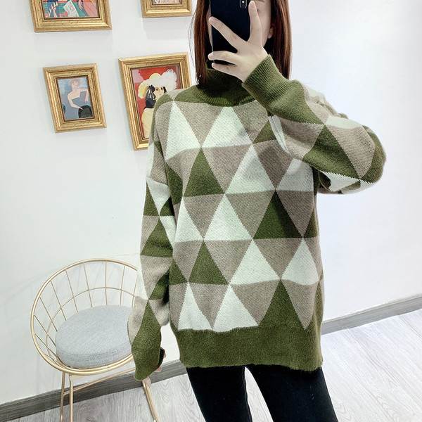 Pulover de iarnă cald cu guler polo în bej și verde