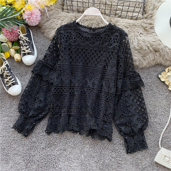 Cămașă de damă din dantelă cu decolteu rotund și mâneci largi în roz, alb, negru și albastru