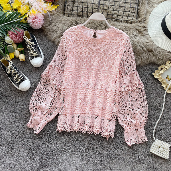 Cămașă de damă din dantelă cu decolteu rotund și mâneci largi în roz, alb, negru și albastru