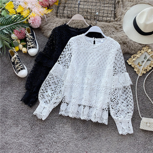 Cămașă de damă din dantelă cu decolteu rotund și mâneci largi în roz, alb, negru și albastru