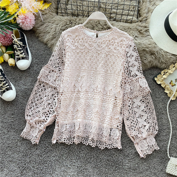 Cămașă de damă din dantelă cu decolteu rotund și mâneci largi în roz, alb, negru și albastru