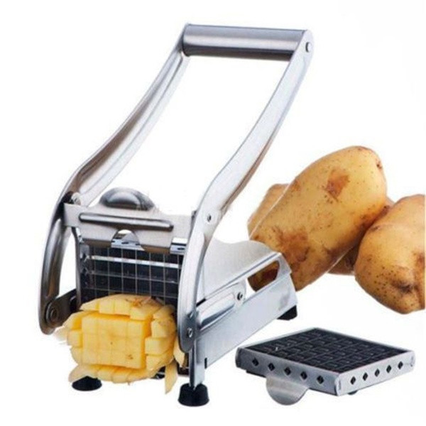 Ръчна машина от неръждаема стомана с две остриета подходяща за рязане на картофи в сив цвят