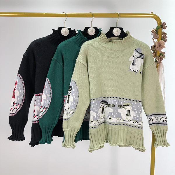 Pulover casual de dama in verde si negru cu motiv de Craciun