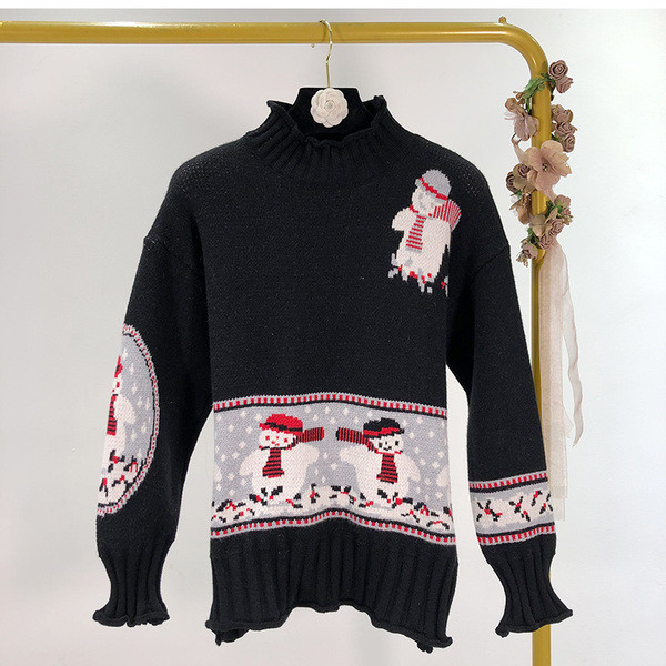 Pulover casual de dama in verde si negru cu motiv de Craciun