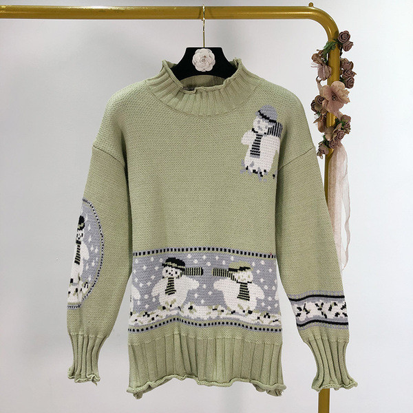 Pulover casual de dama in verde si negru cu motiv de Craciun