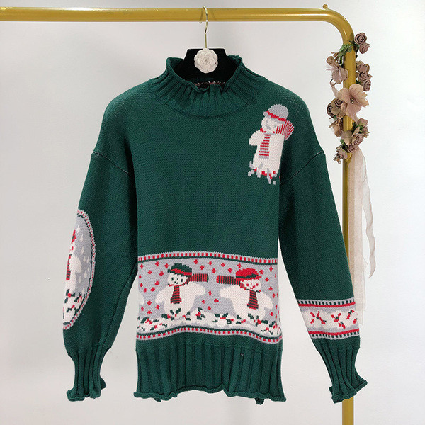 Pulover casual de dama in verde si negru cu motiv de Craciun