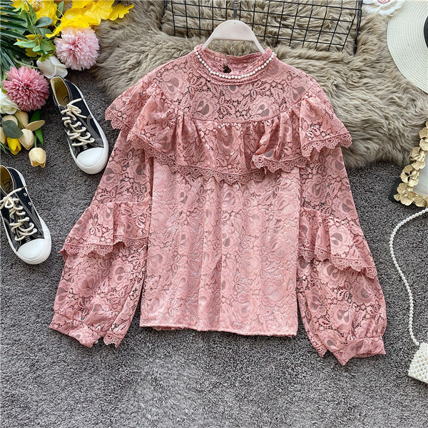 Cămașă modernă de damă cu dantelă și perle în cinci culori