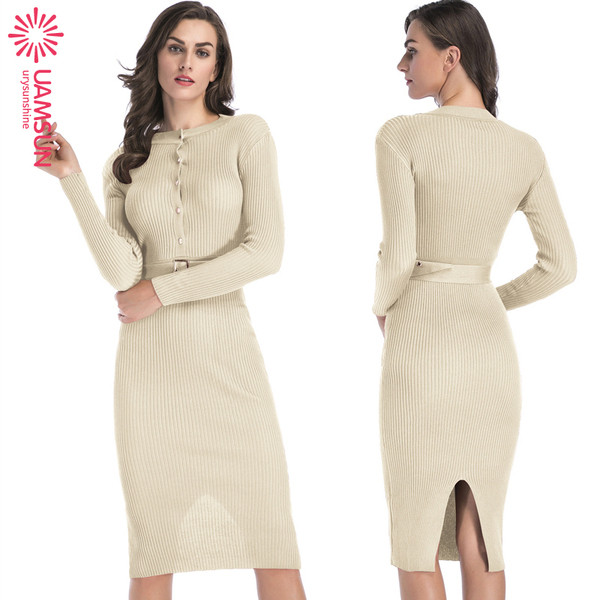 Rochie lunga de dama casual cu centura si maneci lungi in rosu, verde, negru si bej