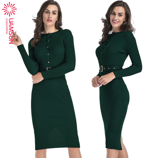 Rochie lunga de dama casual cu centura si maneci lungi in rosu, verde, negru si bej