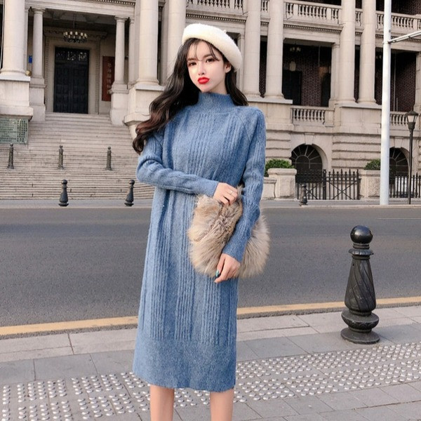 Rochie de dama tricotata model nou cu guler polo de culoare albastra