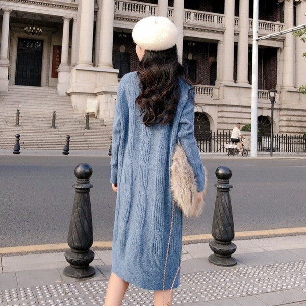 Rochie de dama tricotata model nou cu guler polo de culoare albastra