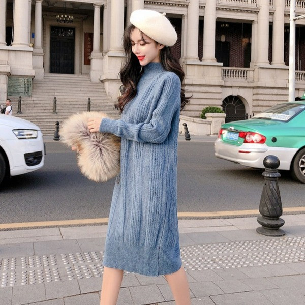 Rochie de dama tricotata model nou cu guler polo de culoare albastra