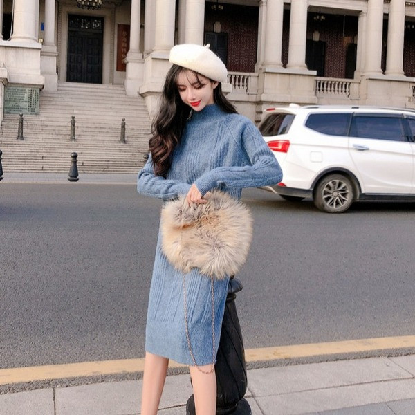 Rochie de dama tricotata model nou cu guler polo de culoare albastra