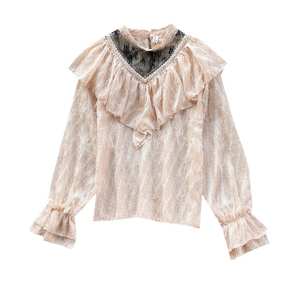 Cămașă modernă de damă din dantelă cu guler înalt și mâneci lungi în patru culori