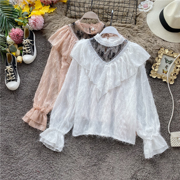 Cămașă modernă de damă din dantelă cu guler înalt și mâneci lungi în patru culori