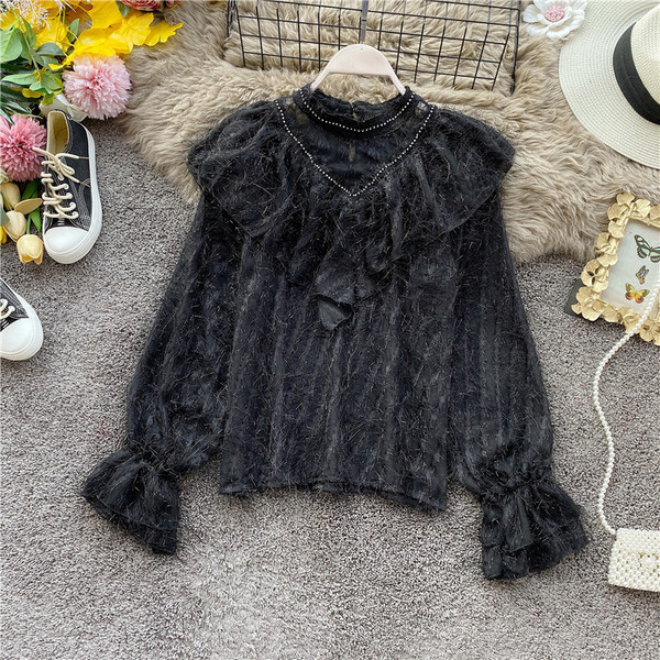 Cămașă modernă de damă din dantelă cu guler înalt și mâneci lungi în patru culori