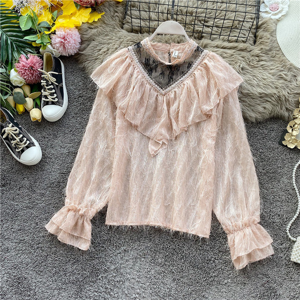 Cămașă modernă de damă din dantelă cu guler înalt și mâneci lungi în patru culori