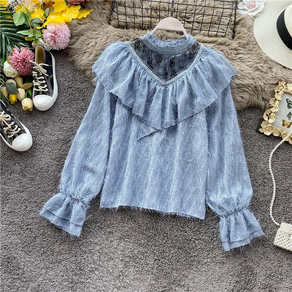 Cămașă modernă de damă din dantelă cu guler înalt și mâneci lungi în patru culori