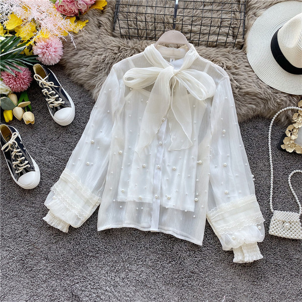 Cămașă de șifon de damă cu element perlat și panglică la guler